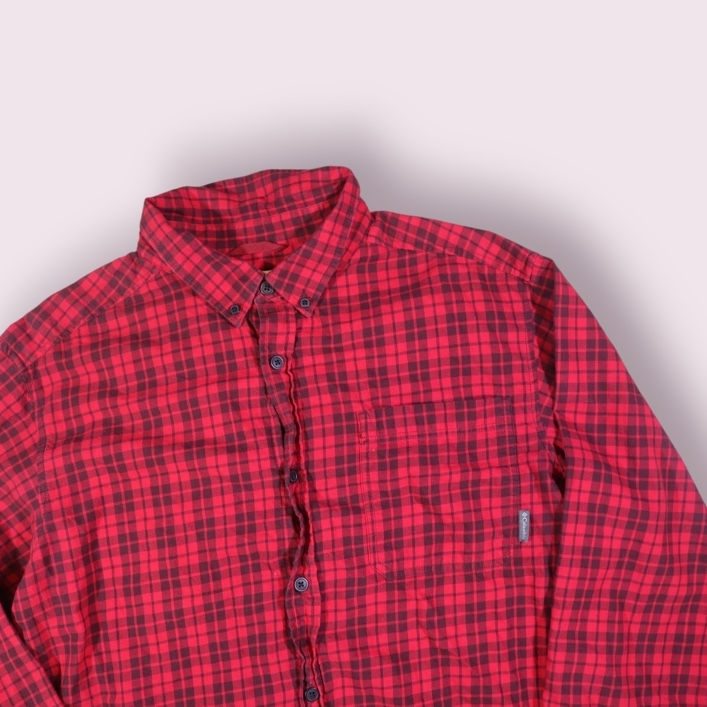 Columbia Mens Shirt L Buffalo Plaid Red Black Long Sleeve Button Flannel